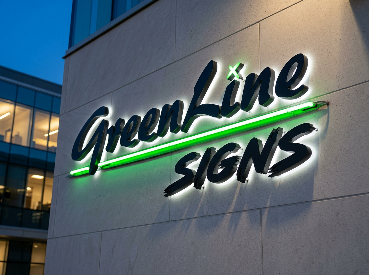Halo-lit black channel letter sign of the Green Line Signs logo installed on a modern building facade in Chicago